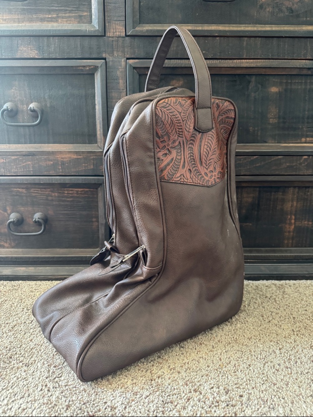 3D Belt Men's Brown Tooled Accent Faux Leather Boot Bag